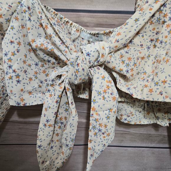 Love Tree Tan Beige Floral Cottagecore Smocked Crop Top Skirt Set Size Medium - Picture 5 of 15